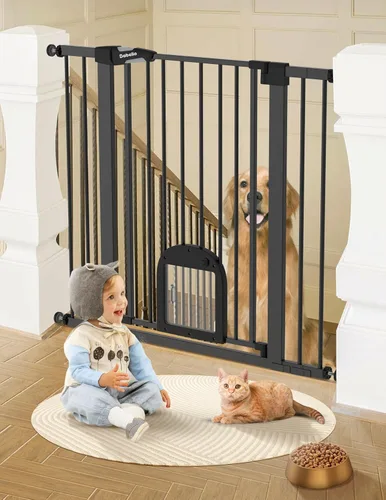 Vista 12 de Babelio Puerta de bebé mejorada con puerta para gatos, puerta duradera de 29-43 pulgadas para perros, para escaleras, puertas y casa, puerta de Negro