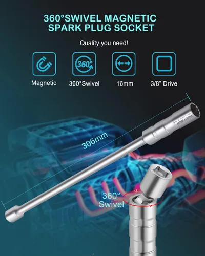 Vista 2 de Enchufe de bujía giratorio de 16 mm con extensión de 12 pulgadas, unidad de 3/8", magnético mejorado de 12 puntos, enchufe de pared delgada de 5/8