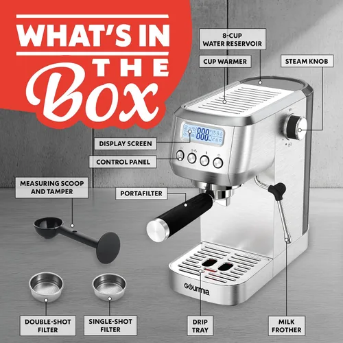 Vista 8 de Gourmia Máquina de café expreso delgado con pantalla LCD, espumador de leche, temperatura ajustable, preparación manual y automática, disparo