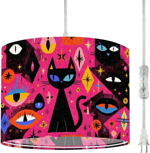 Vista 8 de Boho Plug in Pendant Light Mid Century Modern Art Abstract Geometric Seamless 16.4ft Plug in Cord Dimmable Hanging Lamp Fabric Lamp Shade Pendant