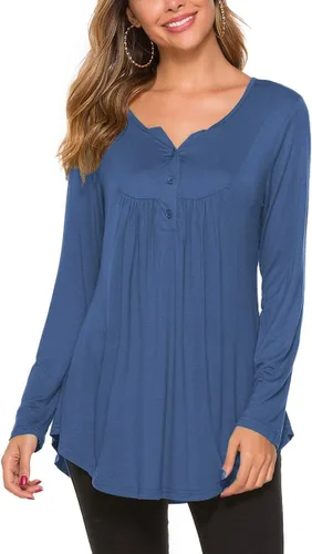 Vista 3 de Halife Blusa casual de manga larga con cuello en V para mujer, ajuste holgado, plisada