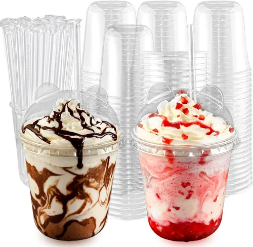 Qsqwsuye 50 juegos de vasos desechables transparentes de plástico de 12 oz con tapas y popotes de panda, diseño fácil de agarrar, adecuado para café