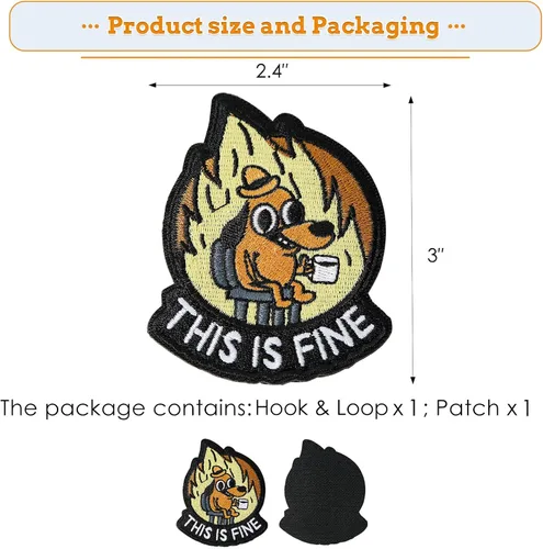 Vista 6 de XMJY Parche de Perro This is Fine, 1 Pieza Parches Bordados con Meme Divertido, Parche Táctico Militar de Ánimo con Respaldo de Cierre de Gancho