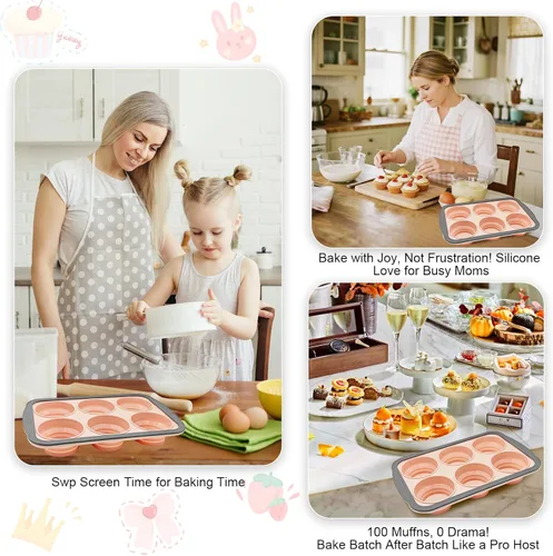 Vista 8 de Moldes de silicona para muffins para hornear con marco de metal, molde de silicona para muffins de 6 cavidades, molde antiadherente para cupcakes