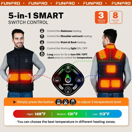 Vista 4 de FUNPRO Heated Vest men, Lightweight Heated Jacket with 10000mAh Battery Pack, 5 in 1 Smart Controller, Lights-out Design