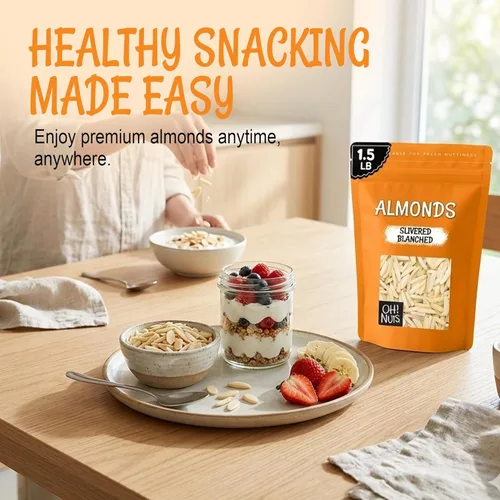 Vista 4 de Oh! Nuts Almendras blanqueadas plateadas – crudas – 100% naturales – 1.5 libras – Palitos de almendras blancas – Empaquetados en bolsa con cierre