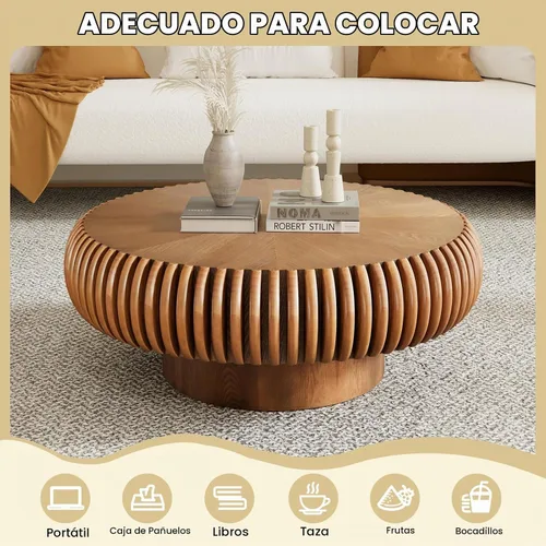 Vista 5 de Mesa de centro redonda acanalada de 31.5 pulgadas, moderna mesa de centro de madera para sala de estar, mesa central de alivio hecha a mano