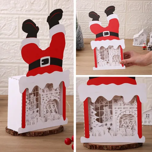 Vista 6 de Decoración de papel con luz LED para chimenea de Navidad, decoración de papel con luz LED, caja de Papá Noel, centro de mesa, mantel de Navidad