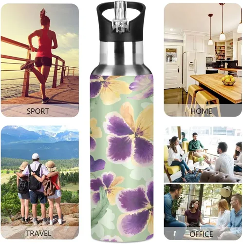Vista 5 de Purple Violets - Botellas de agua aisladas con tapa con popote, sin BPA, 22 onzas, a prueba de fugas, botella de agua deportiva de acero inoxidable