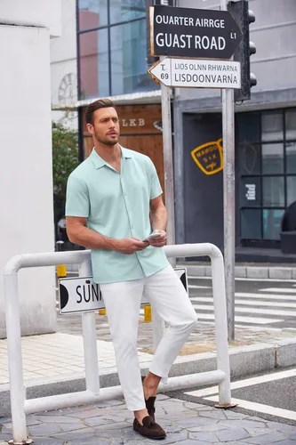 Vista 118 de COOFANDY Camisa casual con botones para hombre, manga corta, sin arrugas, camisa de verano