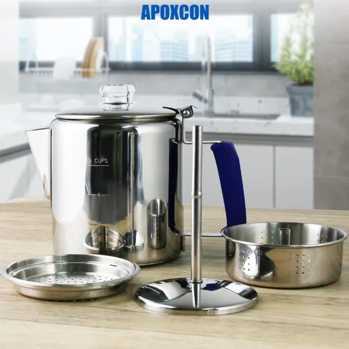 Vista 3 de Cafetera Percoladora Multiuso de Acero Inoxidable para Estufa con Dos Perillas de Vidrio Borosilicato Resistente Mango de Sílice Cafetera