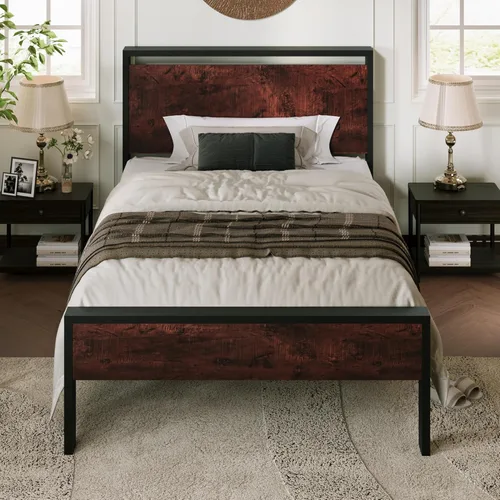 Vista 13 de Base de cama Allewie de tamaño individual con cabecero y pie de cama de madera, soporte de listones de metal resistentes, no requiere somier