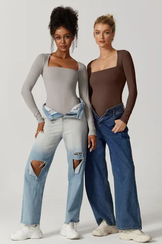 Vista 5 de QINSEN Body sexy de manga larga con cuello cuadrado para mujer