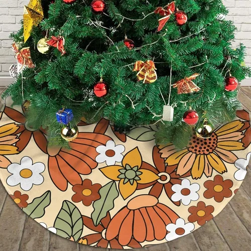 Vista 4 de 70s Retro Floral Flower Christmas Tree Skirt 30" Christmas Decorations Christmas Tree Skirts Christmas Tree Decorations Indoor Soft Xmas Tree Skirt