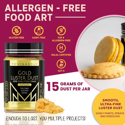 Vista 4 de MONÉGASQUE Purpurina comestible Gold & Violet Luster Dust para bebidas y postres, 2 x 0.53 oz, polvo de colorante alimenticio para decoración