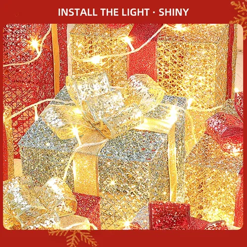 Vista 4 de Juego de 3 cajas de regalo iluminadas de Navidad, cajas de regalo iluminadas de Navidad con lazo, cajas de regalo preiluminadas, cajas de Navidad