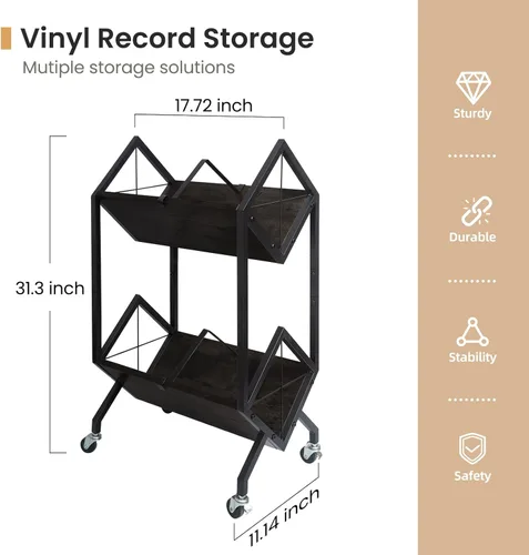 Vista 2 de SwaaVee Estante de almacenamiento de discos de vinilo con ruedas, soporte de discos de vinilo de 2 niveles 160-200 LP con divisores, estilo retro