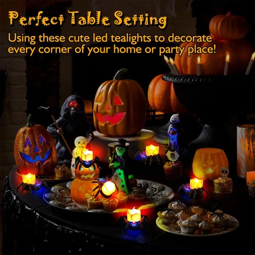 Vista 6 de Paquete de 6 velas LED sin llama de Halloween, velas LED de araña 3D con luz amarilla y morada cálida brillante, funciona con pilas, luces LED