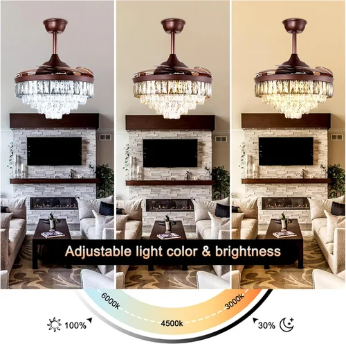 Vista 2 de Ventiladores de techo retráctiles de 42 pulgadas con control remoto de luces, moderno ventilador de techo de cristal LED, motor silencioso