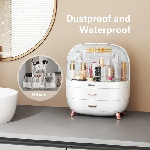 Vista 3 de Makeup Organizer Holder, Skincare Organizers Cosmetic Storage Box with 2-Layer Drawers, Waterproof and Dustproof Cosmetic Display Cases for Bedroom