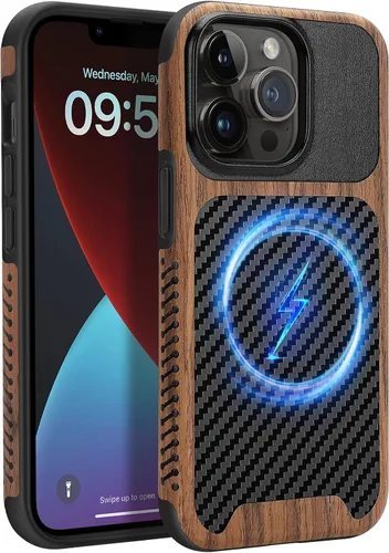 Vista 20 de Funda magnética compatible con iPhone 11 [Compatible con MagSafe] Diseño híbrido de madera y cuero con fibra de carbono, funda protectora a prueba