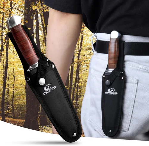 Vista 6 de Mossy Oak, juego de 2 piezas de cuchillo Bowie, cuchillo de caza con hoja fija y mango de cuero, funda incluida