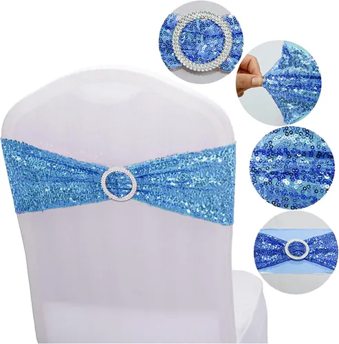Vista 3 de Dimatic 10 piezas Fajas Elásticas de Lentejuelas para Silla Bandas Elásticas de Spandex para Recepción de Bodas Eventos Banquetes Decoración de Azul