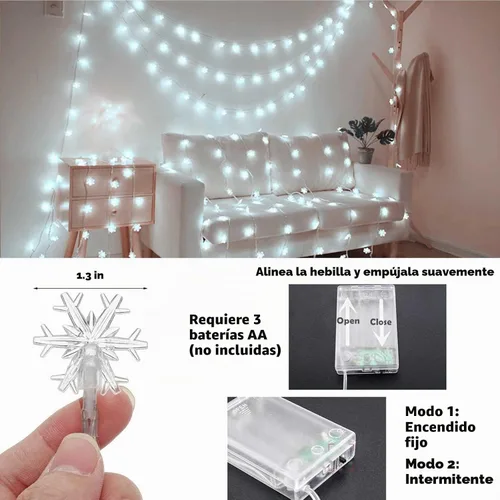 Vista 6 de Luces de Navidad, 20 pies, tira de 40 luces led con forma de copo de nieve, azules, funciona con pilas, guirnalda de luces para dormitorio, patio