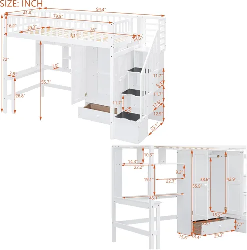 Vista 21 de Cama loft multifuncional de tamaño individual con estantería y cajones, marco de cama de madera con escritorio y armario, cama alta