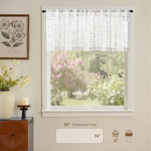 Vista 2 de jinchan Cortinas de cenefa para ventanas de 16 pulgadas, coloridos mini pompones, cenefa de cocina de granja, cenefa de gasa semitransparente