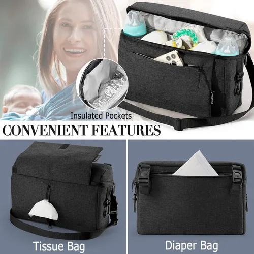 Vista 3 de Organizador universal para cochecito de bebé, espacio grande con portavasos aislado, bolsa de pañales desmontable, correa de hombro ajustable