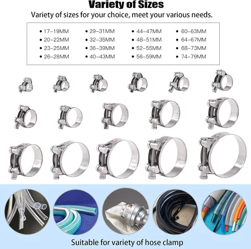 Vista 6 de Glarks 4 abrazaderas de manguera con perno en T de 2.047-2.165 in, acero inoxidable 304, abrazaderas de tubo ajustables para manguera de rango de 2