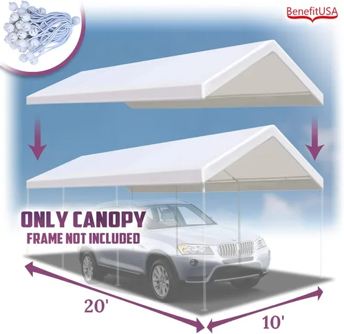 Vista 2 de BenefitUSA Toldo de repuesto para cochera de 10 x 20 pies, cubierta superior de garaje, lona con cuerdas elásticas de bola, solo toldo (con borde)