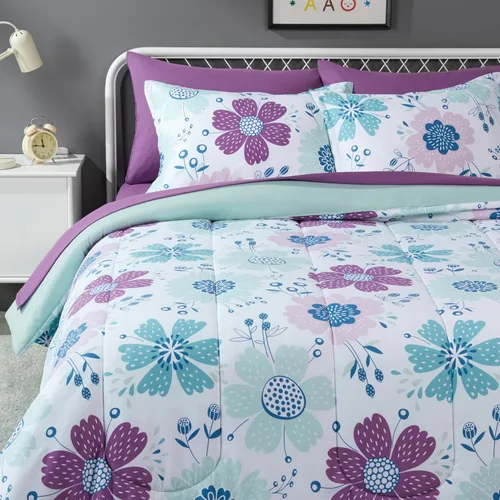 Vista 18 de Yaxa Basics Juego de ropa de cama de microfibra de 5 piezas Bed-in-a-Bag para niños, individual, azul, sólido