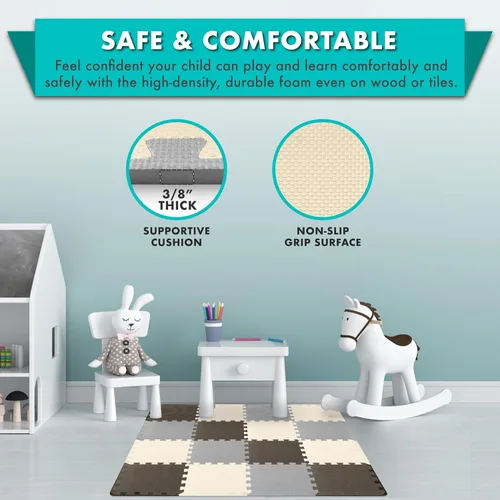 Vista 17 de ProSource Alfombra de espuma para rompecabezas para niños y bebés con colores sólidos, 36 o 16 azulejos encajables con bordes, Negro/Gris/Blanco