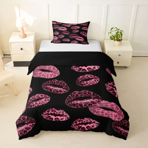 Feelyou Leopard Print Lips Duvet Cover Twin Size Cheetah Print Bedding Set for Boys Girls Kissing Lips Comforter Cover Bedroom Decor 2Pcs