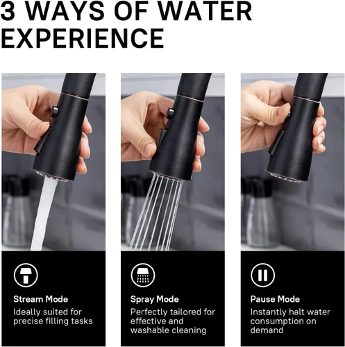 Vista 5 de WEWE Grifos de cocina con pulverizador desplegable, grifo de cocina de estilo granja en bronce cepillado con aceite, comercial, moderno, de arco