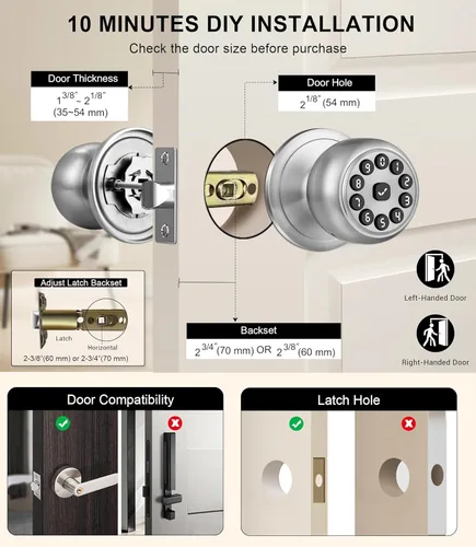 Vista 6 de Cerradura de puerta con teclado inteligente con asa, pomos de puerta inteligentes con cerradura, cerradura de puerta automática con código