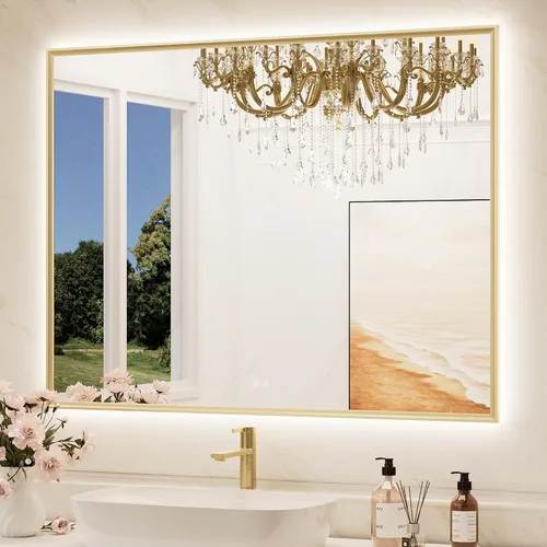 Vista 19 de TokeShimi Espejo de tocador de baño LED de 60 x 36 pulgadas con luces delanteras y marco rectangular de aluminio dorado retroiluminado, borde