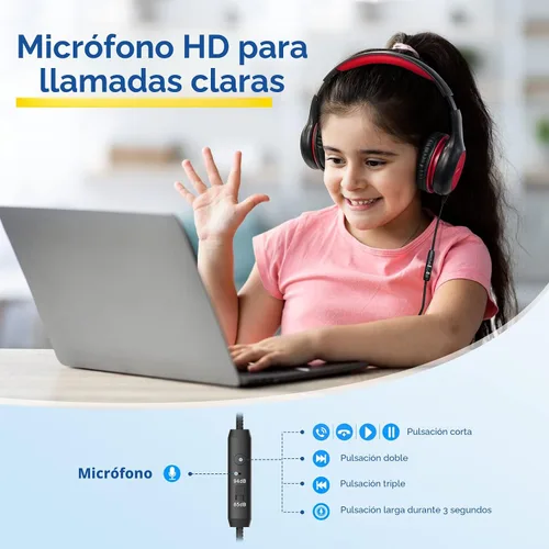 Vista 2 de EarFun K1 - Auriculares para niños con cable con micrófono, auriculares con Negro rojo