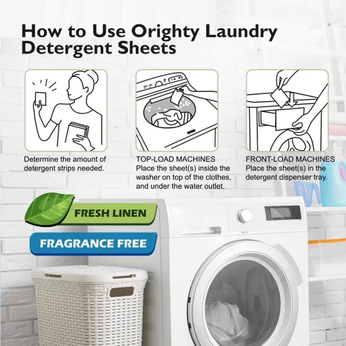 Vista 2 de Orighty Hojas de detergente para ropa, 60 unidades, aroma de lino fresco, ecológicas, hipoalergénicas, portátiles, sin jarra de plástico, 120 cargas