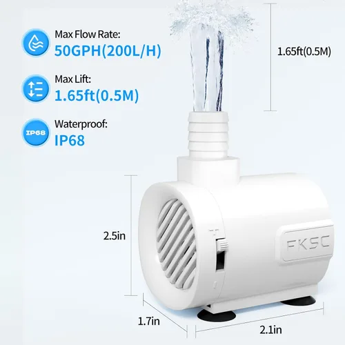 Vista 9 de Bomba de agua sumergible de 50 GPH - Bomba de fuente para acuario y pecera Mini, control de flujo ajustable, entrada lateral/inferior de doble Blanco