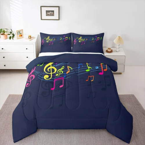 Vista 4 de Feelyou Juego de ropa de cama con diseño de arco iris, juego de edredón para niños, niñas, decoración de notas musicales, edredón de microfibra