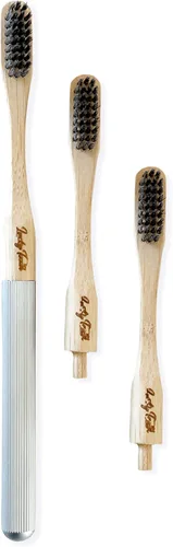 Cepillo de dientes de bambú reemplazable con mango de aluminio, sin BPA, cerdas suaves | Respetuoso con el medio ambiente, biodegradable,