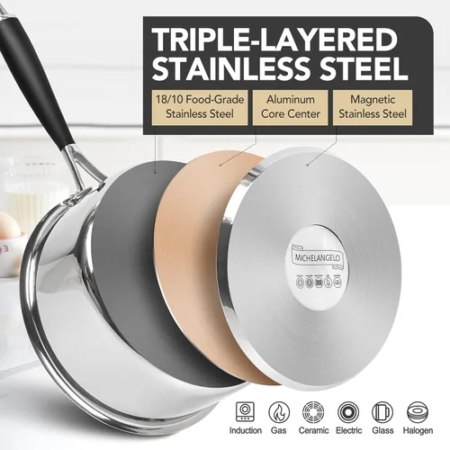 Vista 3 de MICHELANGELO Triply - Cacerola de acero inoxidable con tapa, 6 piezas, sartén de acero inoxidable con mango de baquelita, juego de cacerolas