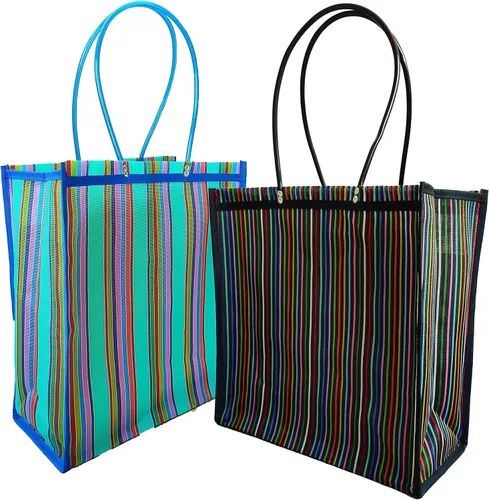 Paquete de 2 bolsas grandes de mercado mexicano con fuelle en varios colores, bolsas de mercadillo reutilizables de malla con fondo plano Bolsas de