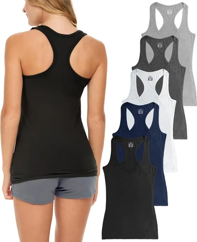 Vista 12 de Sexy Basics Paquete de 5 camisetas sin mangas PowerFlex con espalda nadadora para mujer / Camisetas sin mangas elásticas de algodón y elastano