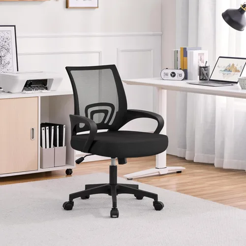 Vista 7 de Yaheetech Silla de oficina con respaldo medio, silla de escritorio giratoria con soporte lumbar, silla de malla ergonómica para computadora de Negro