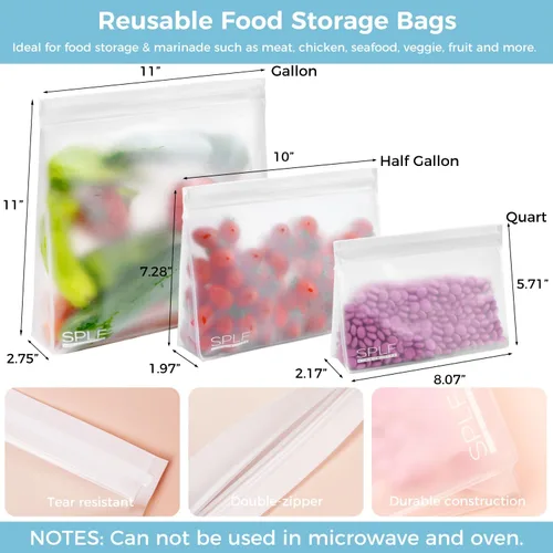 Vista 2 de SPLF Paquete de 4 bolsas de almacenamiento reutilizables aptas para lavavajillas, bolsas reutilizables para congelador, sin BPA, extra gruesas, a