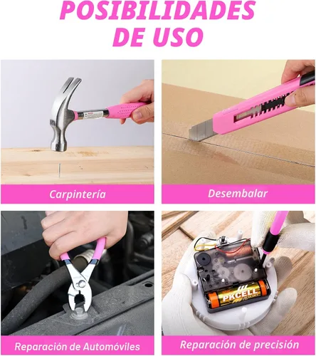Vista 6 de Juego de herramientas rosa-40 piezas - Kit de herramientas manuales para el hogar general con caja de herramientas de plástico (rosa)